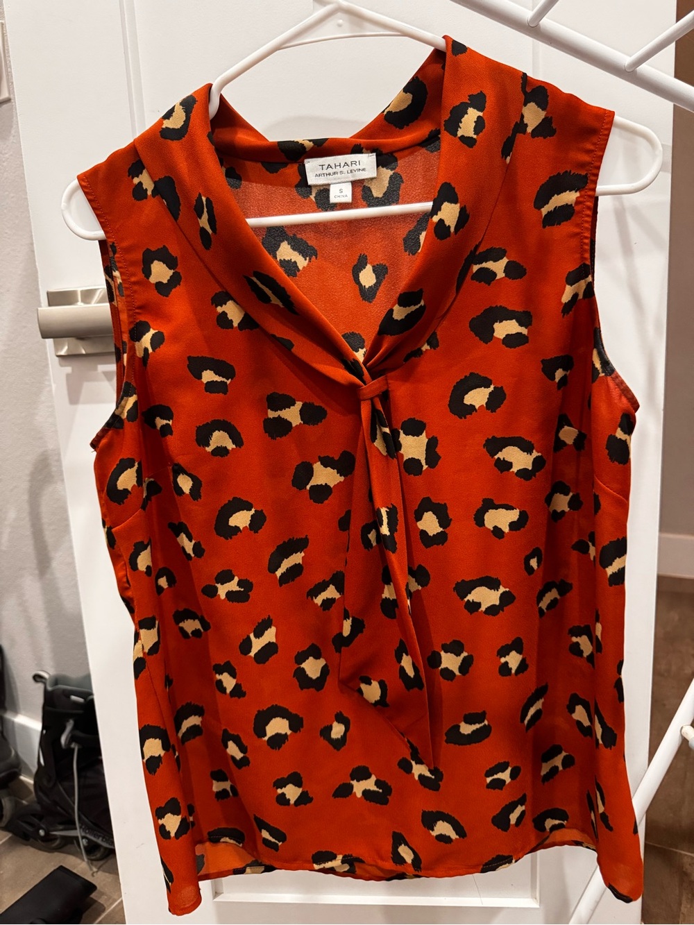 Tahari Orange and Black Leopard Print Tie-Neck Blouse, Size S